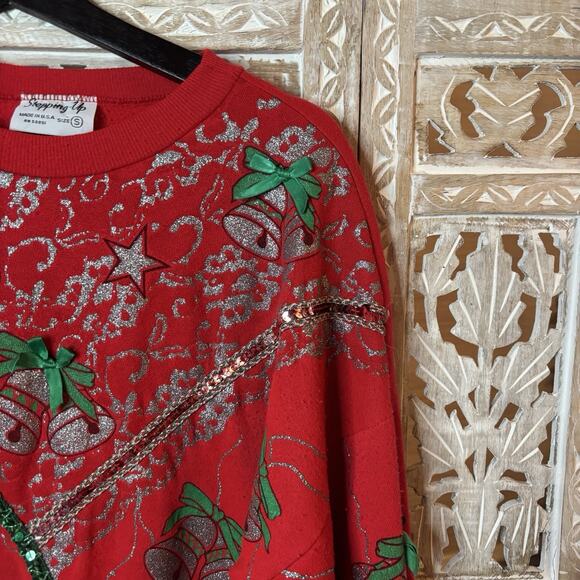 Vintage 80s Jingle Bells Glitter Sequins Christmas Sweatshirt Red Pullover Art S - Picture 3 of 8